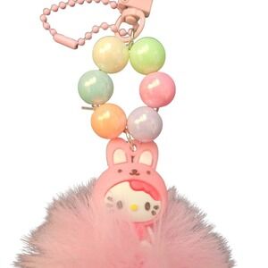 Hello Kitty Pink Bunny Fluffy‎ Pom Pom Charm Keychain Purse Bag Accessory